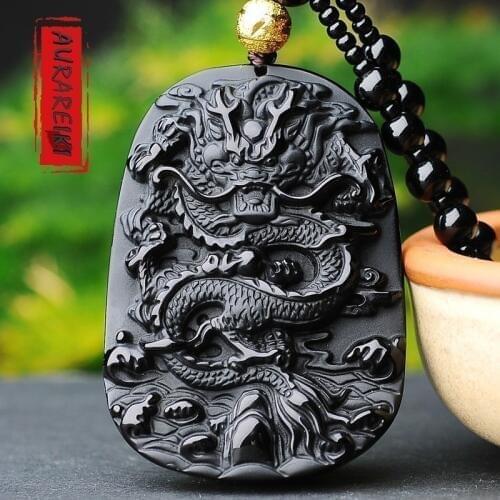 AURAREIKI Obsidian Chinese Dragon Natural Engraving Pendant Necklace Charms Bijoux Amulet Retro Necklace Mala Unisex Jewelry