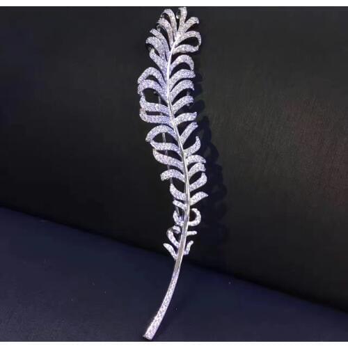 925 sterling silver with cubic zircon feather brooch pins unisex jewelry men women top quality free shipping