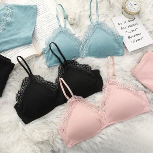 Wriufred Underwear womens thin bralette panty lace triangle cup bra small chest gather summer no steel ring bra panties set