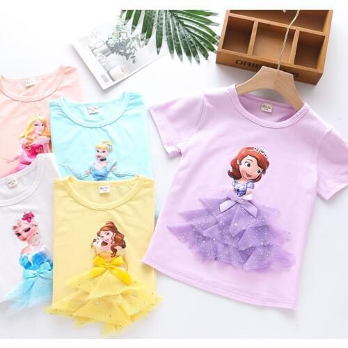 2020Girl Summer Princess T-Shirt Elsa Aurora Childen Cotton Tees Lace T Shirt 3D Sofia Appliques Kid Birthday Top Clothing Shirt