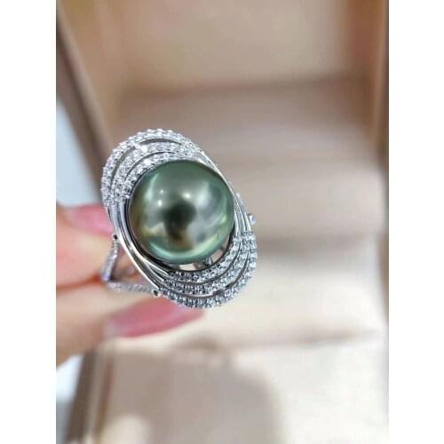 HENGSHENG 12-13mm A Pair Of Ring Pendant Self-Switching Tahiti Black Pearl Sterling Silver Ring