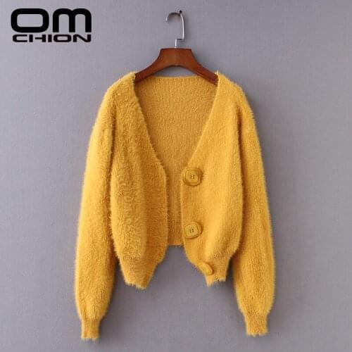 OMCHION Casaco Feminino 2021 V Neck Long Sleeve Faux Mink Cashmere Cardigan Women Casual Elegant Knitted Short Sweater LP172