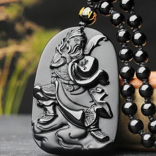 Hand-Carved Guan Yu Natural Black Obsidian Jade Pendant Necklace Chinese Fashion Jewelry Charm Amulet Accessories for Men Gifts