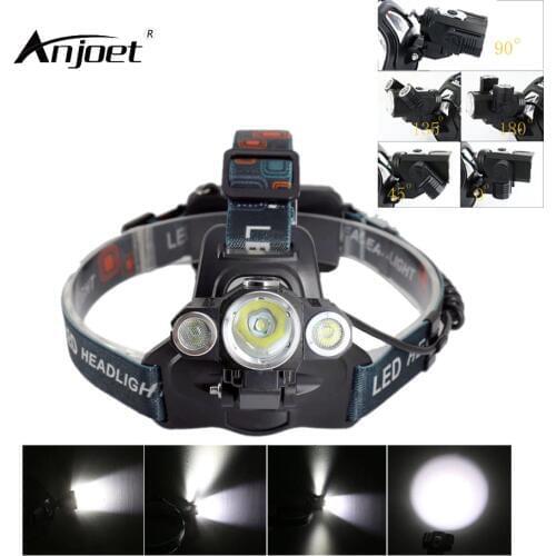 ANJOET Headlamp 3 LED Bulb 180 angle Arbitrarily Adjustment illumination Design 2000Lm T6+2R5 LED 4-Modes Rechargeable lighting