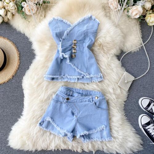 Summer Chic V-neck Denim Tube Top and Ripped Tassels Short Jean Trousers One Set