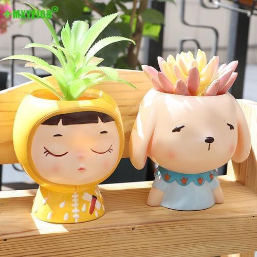 Cartoon boy and girl resin flower Pot character potted sculpture office decoration garden Succulent plant Pot