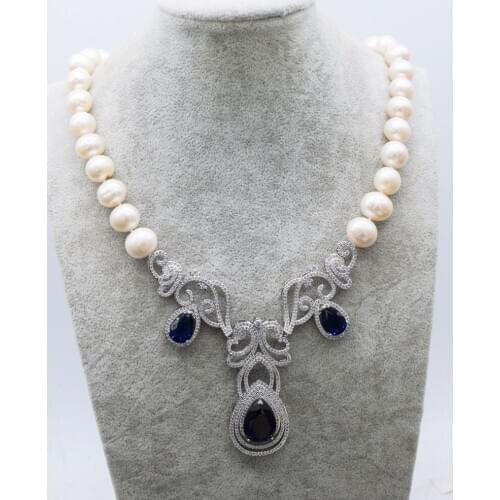 Freshwater Pearl White near round 10-11mm +BLUE zircon Pendant Necklace 47cm Wholesale for women xmas gift