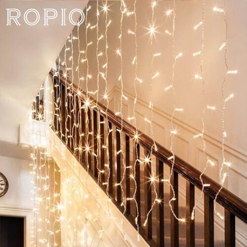ROPIO 3x1m 220V Holiday Lighting 200 LEDs Curtain Icicle String Light Christmas Fairy Light Garland Wedding Garden Party Decor