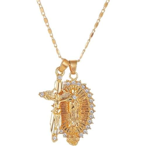 Crucifix Necklace + Virgin Mary Necklace Cross Lords Prayer Men And Women Rhinestone Pendant Virgin Mary Collar Chain Jewelry