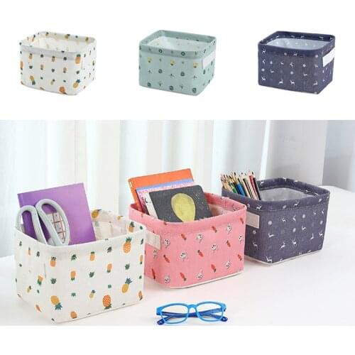 Waterproof Foldable Linen Desktop Storage Box Sundries Storage Basket with Handle Home Office Stationery Storage Supplies