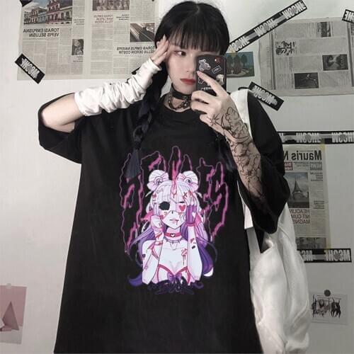 Womens T-Shirt 2020 Cartoon Tshirt Streetwear Gothic Girl T-Shirt Summer White Black Loose Women T Shirt Females Cool Hip Hop