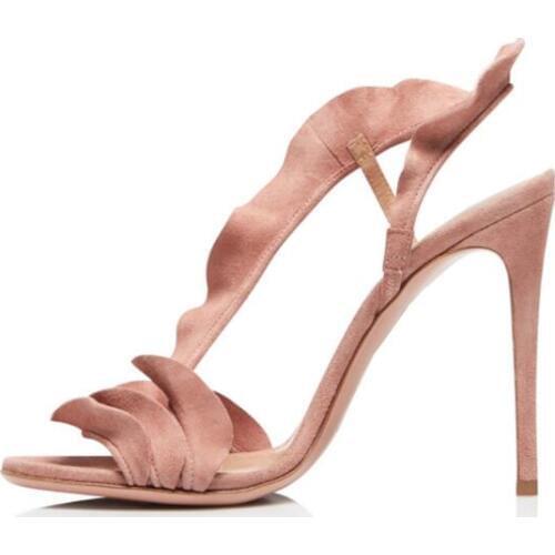 Woman Cheap Open Toe Elastic Band Stiletto Heels Red Nude Suede Ruffles Sandals Elegant Party Wedding Shoes Lady