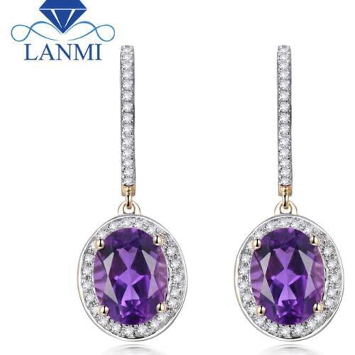 Fantastic Vintage Amethyst Earrings 14K Yellow Solid Gold Oval 7X9mm Diamond Purple Amethyst Earrings In Drop For Women ER0002