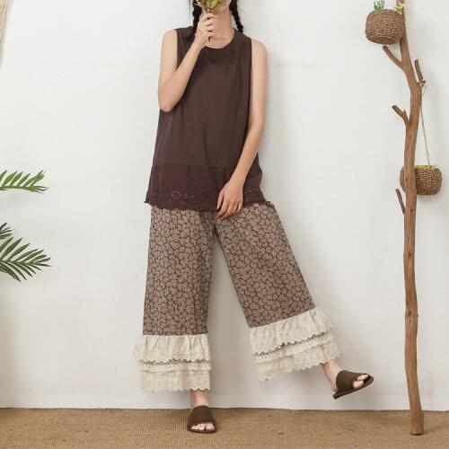 Womens New Summer Dress Japanese Small Fresh Elastic Waist Three-layer Lace Cotton and Linen Floral Nine-point Wide-leg Pants