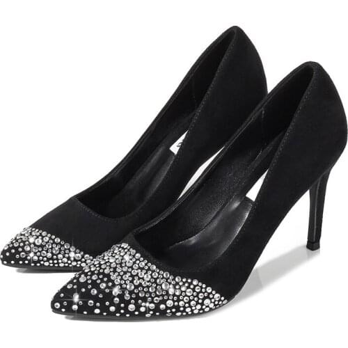 2020 Brand Thin High Heels Black Women Pumps Wedding Party Flock Slip On 9CM Pointed Toe Rhinestones Bling Shallow Women Shoes
