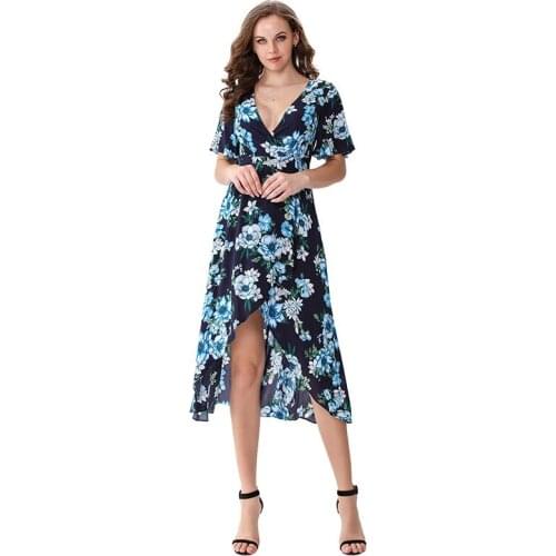 2020 summer 100% viscose floral dress boho V-neck flare sleeve women long summer beach dress M30557