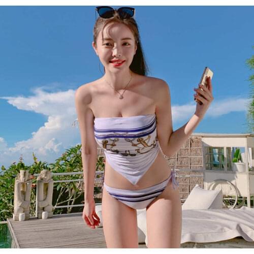 2021 Korean Two-Piece Bikini Tube Top Sailor Style Split Small Breasts Gathered Sexy On Both Sides Straps For Hot Spring Swim