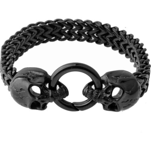 12mm Wide Stainless Steel Black Skeleton Skull Head Figaro Link Chain Mens Bracelet Bangle Punk Jewelry Gift 8.26inch
