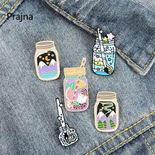Enamel Pins Cup Ink Bottle Fruit Tea Brooch Jewelry Pines Starry Sky Pin Badge Brooches For Clothing Badges Gifts For Women