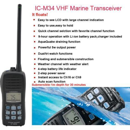 IC-M34 5W 88Channel VHF Marine Transceiver/Portable Two-way Radio/walkie talkie with Floating Waterproof & Submersible Function