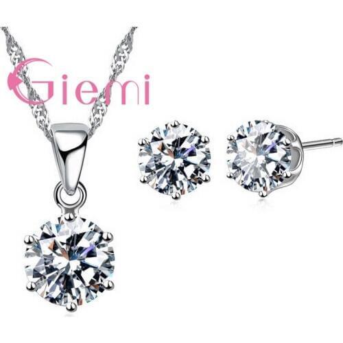 Popular Beautiful Round Crystal Necklace Earrings Proposal Ceremony Jewelry Set Cubic Zirconia and 925 Sterling Silver