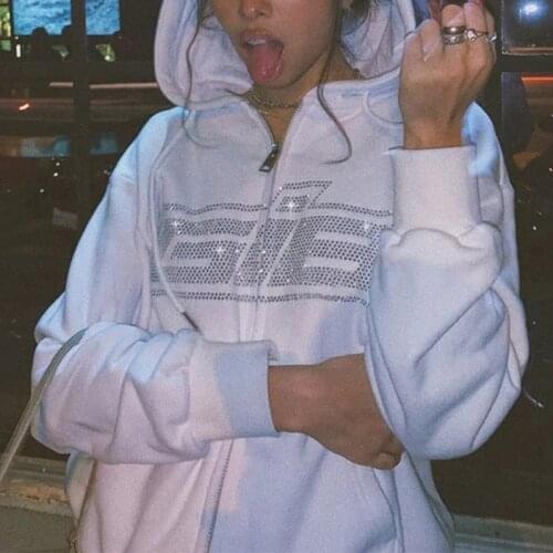 KLV New Women Harajuku Long Sleeve Hoodies Jacket Rhinestone Letters Zip Up Sweatshirt Coat Oversized Loose Outwear with Pockets