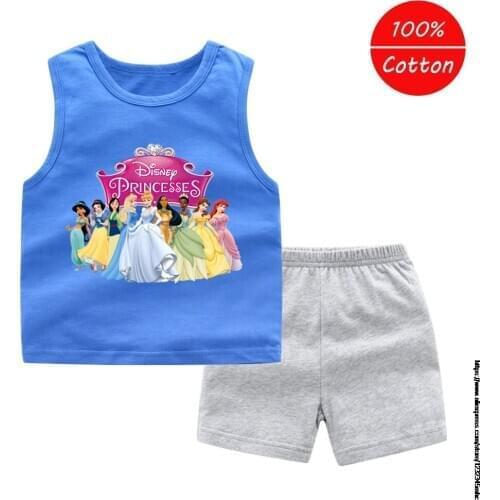 Disney Princess Summer Children Baby Girls Casual Sleeveless Printed Cartoon Vest Tops+Shorts Suits Costume Set