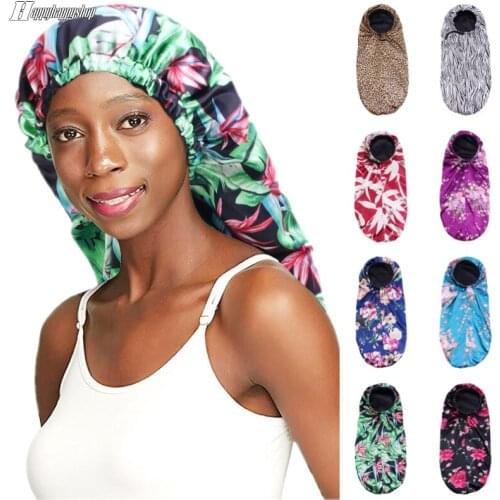Fashion Adjustable Satin Bonnet Women Double Layer Long Hair Care Sleep Hat African Printed Headwrap Turban Muslim Headwear