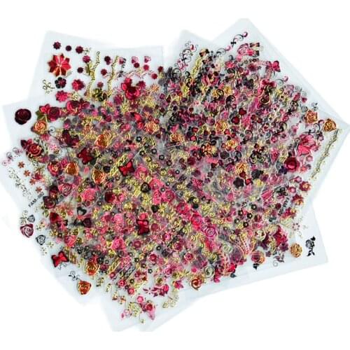 30sheets 3D Embossed Pink Flowers Nail Stickers Butterfly Decal Accessories Manicure In Bulk Design Nail Art Wraps Sticker #4-63