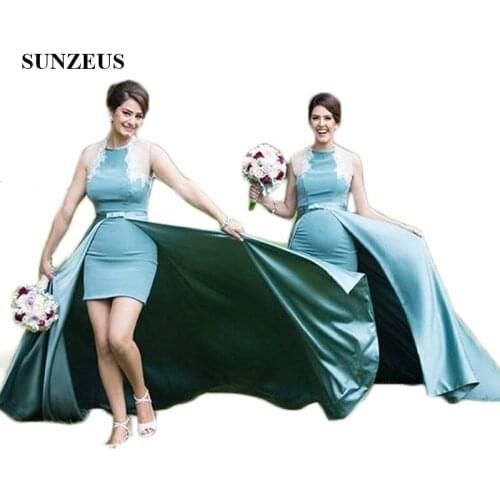 High Low Skirt Bridesmaid Dresses O-Neck Satin Wedding Party Dresses with Lace Appliques Maid of Honor Dress Sheer Back SBD106