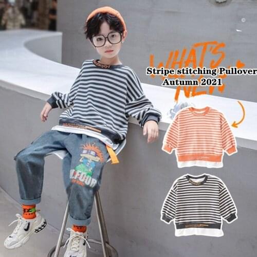 Boys' Pullover Sweater Autumn New Korean Loose Round Neck Letter Stripe Stitching Medium and Large Childrens Long Sleeve Top