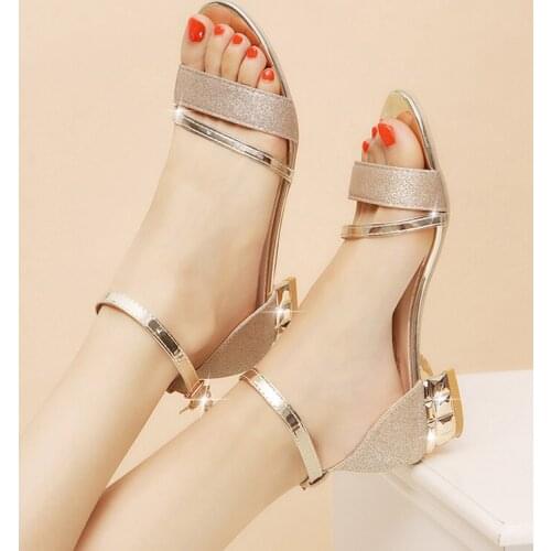 New Elegant Ladies Sandals Women Peep Toe Blings Shoes Square Heels Female Ankle Strap Low Heels Womens Summer Footwear Woman