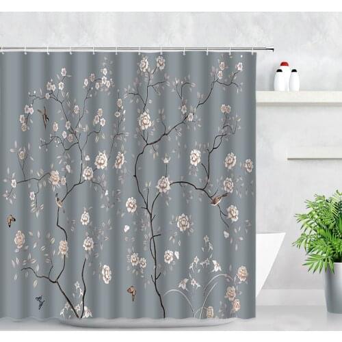 Flowers Birds Shower Curtains Floral Plant Chinese Style Gray Background Decor Bathroom Waterproof Fabric Bath Curtain With Hook