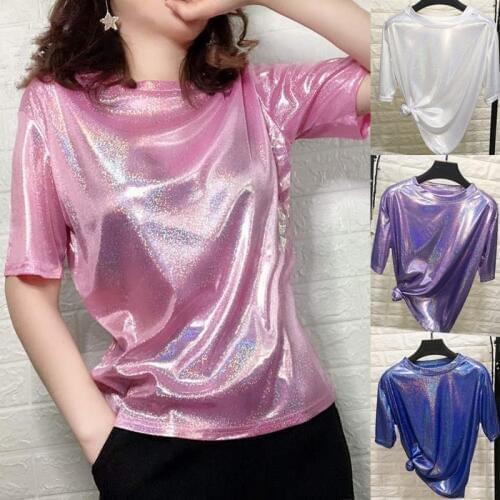 Womens Casual T-Shirt Colors Reflective Printed Short Sleeve Hip Hop Tee Shirt TT@88