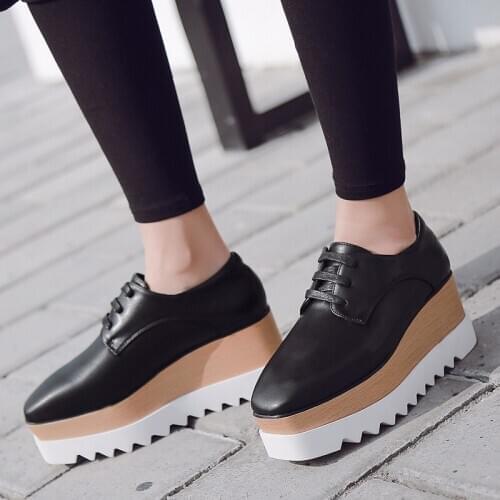 Square Toe Platforms Leather Shoes for Girls Women Wedge Sneakers Spring/Autumn Platform Casual Shoes Women Fashion Trend