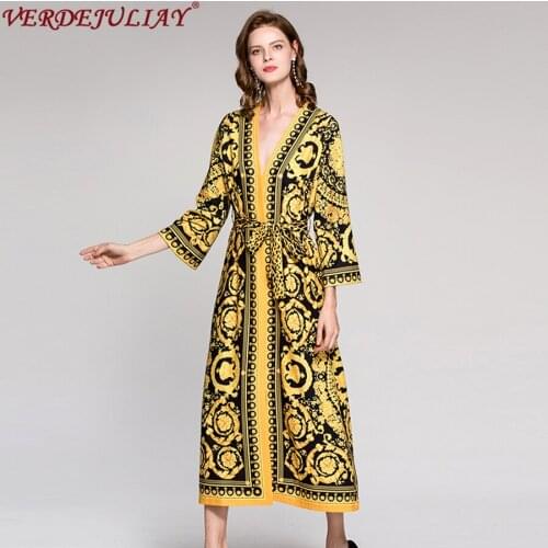 Women Dresses Fashion Early Spring Palace Print V-Neck Loose Waist Leopardo Belt Long Popular Top Yellow Dress
