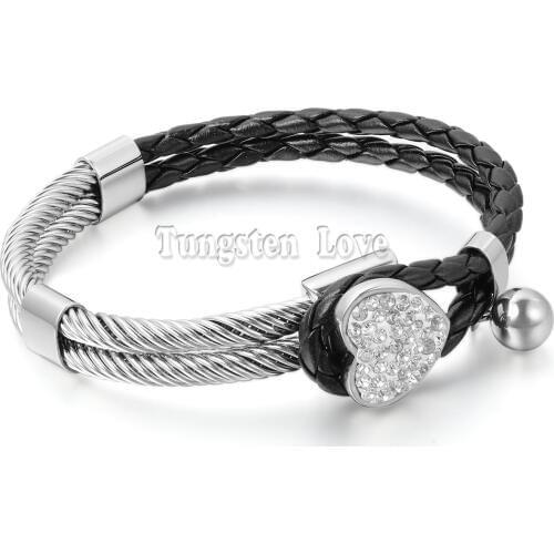 Womens Leather Stainless Steel Bracelet Rhinestone Heart Charm Braided Cuff Bangle Black Silver Color pulseira masculina couro