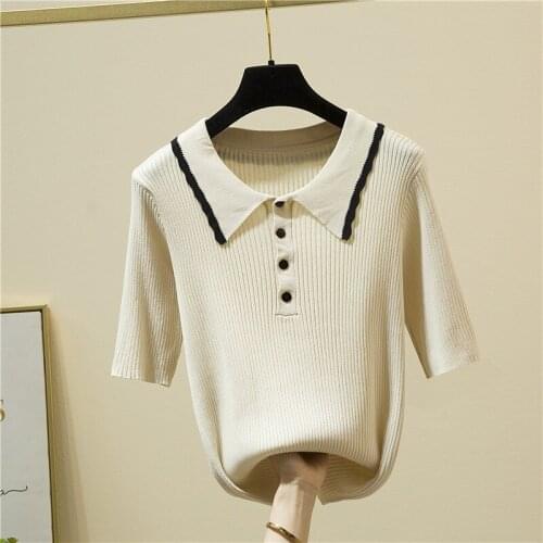 LJSXLS Polo collar Ladies Sweater Chic Button Elegant Knitted Tops Retro Short Sleeve Womens Sweater Slim Elasticity Pullovers