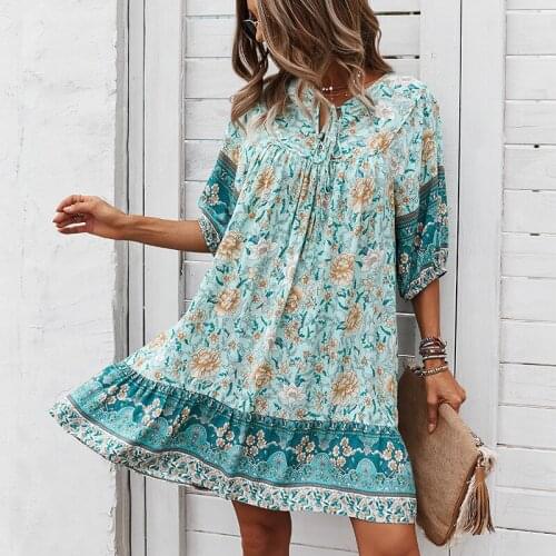 2021 New Autumn O-neck Dress Women Print Half-Sleeve Casual Loose Floral Dress Elegant Lace Up Party Mini Dresses Vestidos