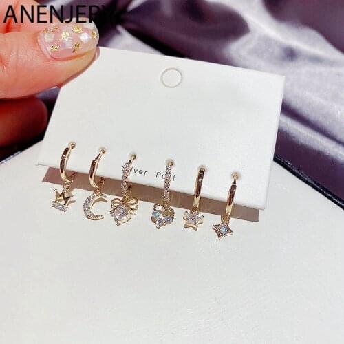ANENJERY 6 pieces/set Star Moon Crown Earrings Set 925 Sterling Silver Micro-inlaid Colored Zircon Heart Bow Earrings