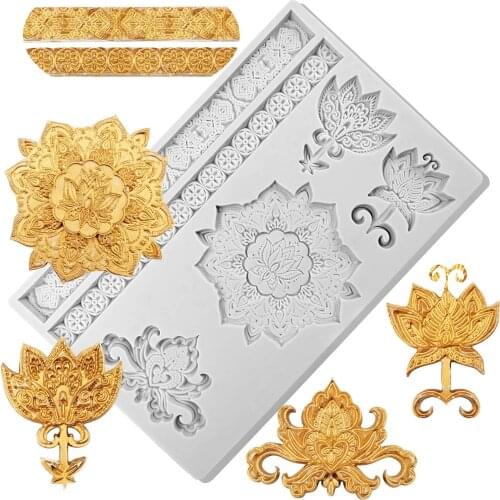 Baroque Fondant Mold Vintage Royal Flower Silicone Mold Curlicues Scroll Lace Polymer Clay Plaster Mould for European Decorating