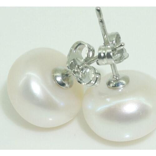 Free shipping@ Freshwater white Cultured Pearl 11-12mm stud Earrings 925 St.Silver