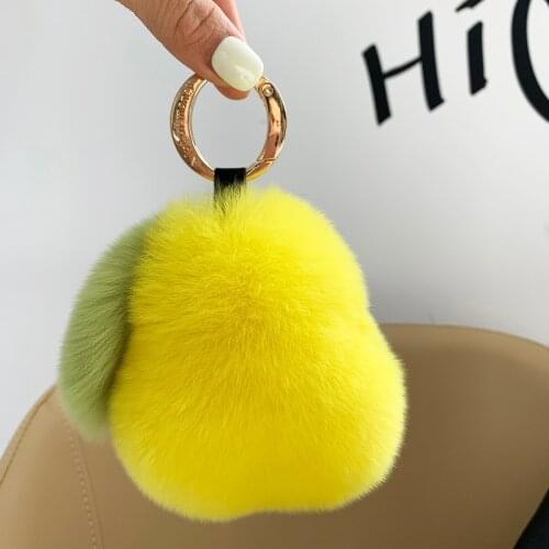 Big Summer Fruit Keychain Pear Key Ring holder Real Rex Rabbit Fur Fluffy Jewelry Bag Pendant