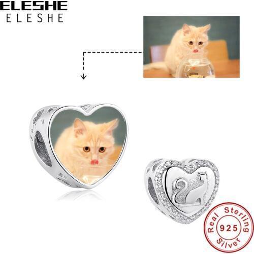 ELESHE Cute Pet Cat CZ Beads Personalized Custom Photo 925 Sterling Silver Heart Charm Fit Original DIY Bracelet Charms Jewelry
