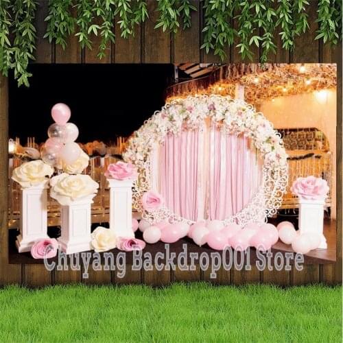 Wedding Flowers Wreath Circle Stage Backgrounds Photography Rose Pink Theme Night Scenic Outdoor Marriage Party Backdrops Photo
