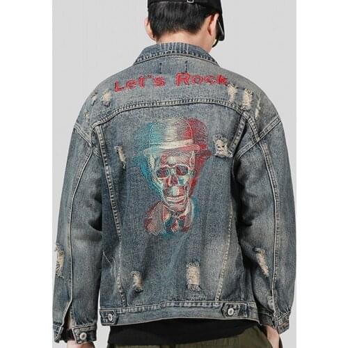 Harjuka New Brand Embroidery Hole Ripped Men Denim Jackets Single Breasted Long Sleeve Fashion Casual Loose Male Outerwear Coats