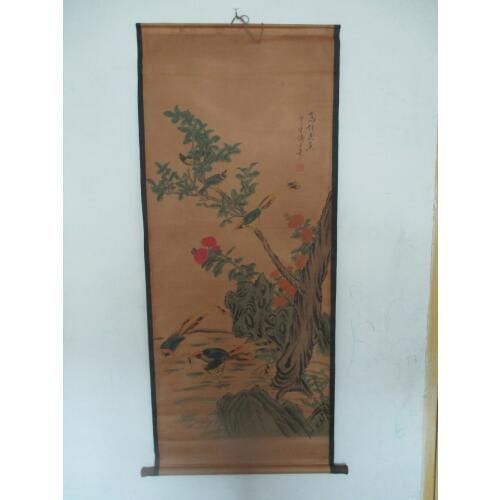 Home wall decoration painting ,Chinese old paper scroll painting , Pan Tian Shou " Birds "