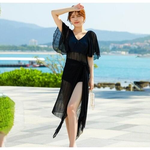 Black swimsuit female sexy deep V gathered one-piece South Korea ins long large size cover belly show thin new swimwear bathe sw