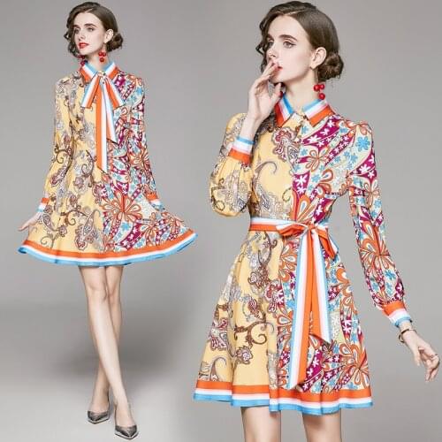 Fashionable Womens High Waist Slim Wrist Sleeved Floral Printed Knee Length Dress Holiday Vintage Print Party Dress Vestidos