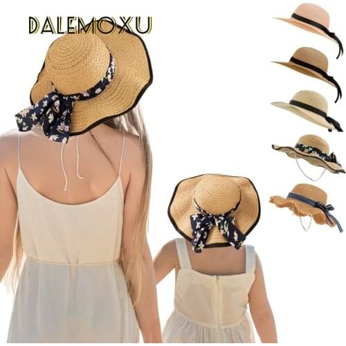 Parent-child Summer Hat Straw Sun Baby Girl Children Hats For Kids and Women Bowknot Ribbon Sunscreen Breathable Beach Caps 2pcs